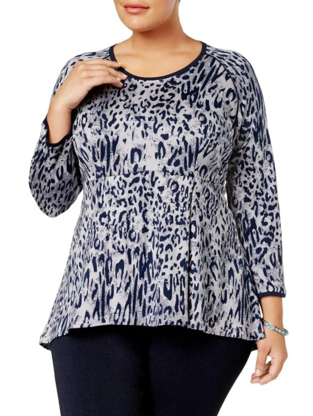 Melissa McCarthy Seven7 Navy Animal-Print High Low Peplum Tunic Top Sz 0X